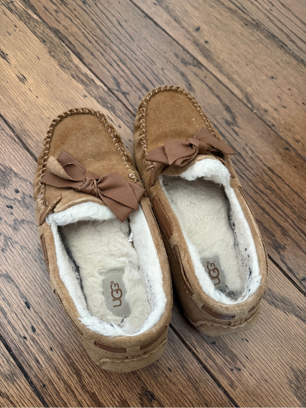 UGG Women's Chestnut Suede Bow Moccasins with Shearling Lining